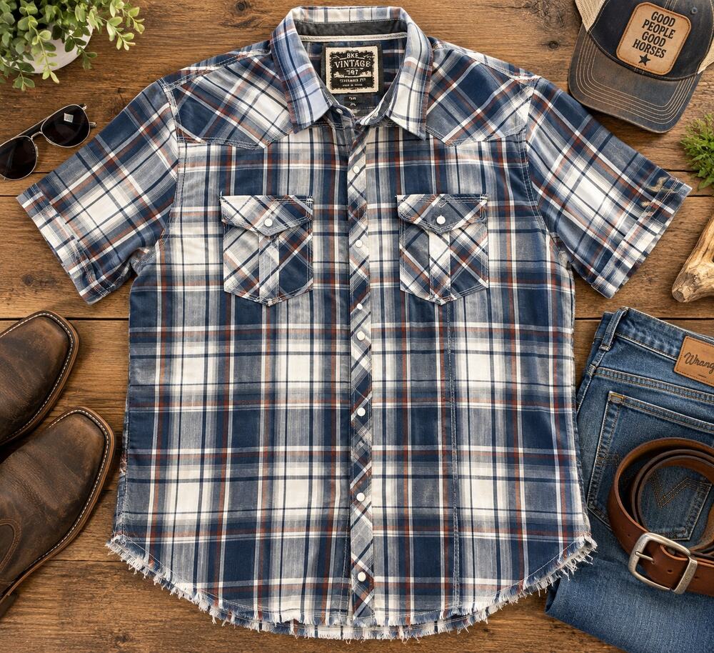 BKE Vintage Men's XL Plaid Western Pearl Snap Raw Hem Shirt